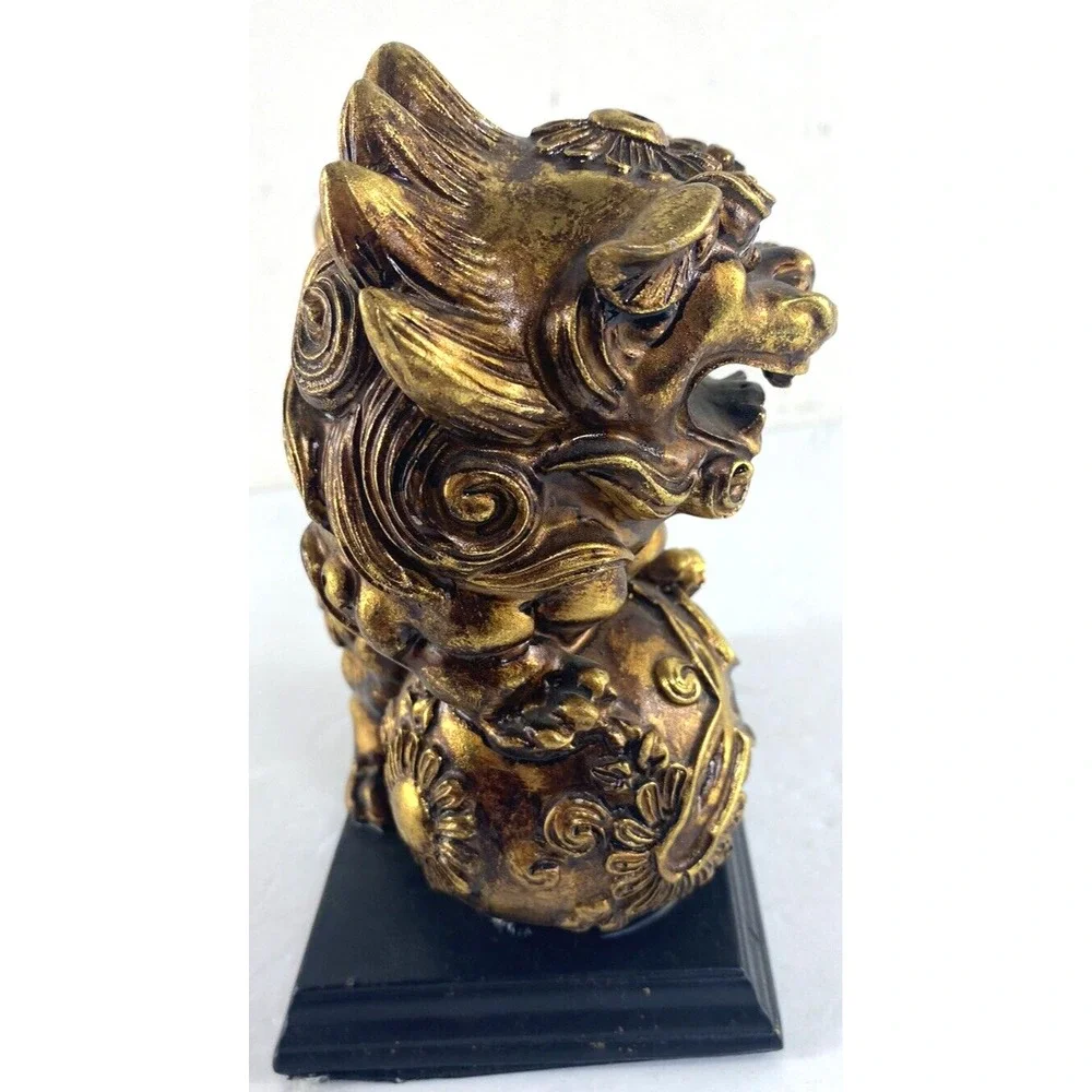 Vtg Foo Dog Gold Color Resin Figurine Dragon Asian Protection Art 7.5